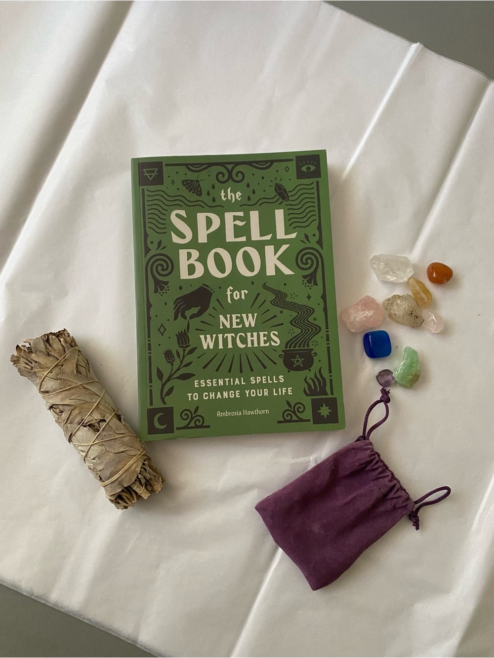 The Spell Book for New Witches with Crystals and Sage stick